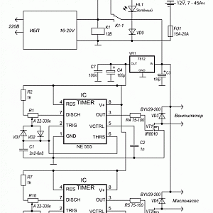 Принципиальная схема регулятора с аварийной запиткой вентилятора и насоса от аккумулятора. (Для тех у кого перебои с питанием частое явление.)